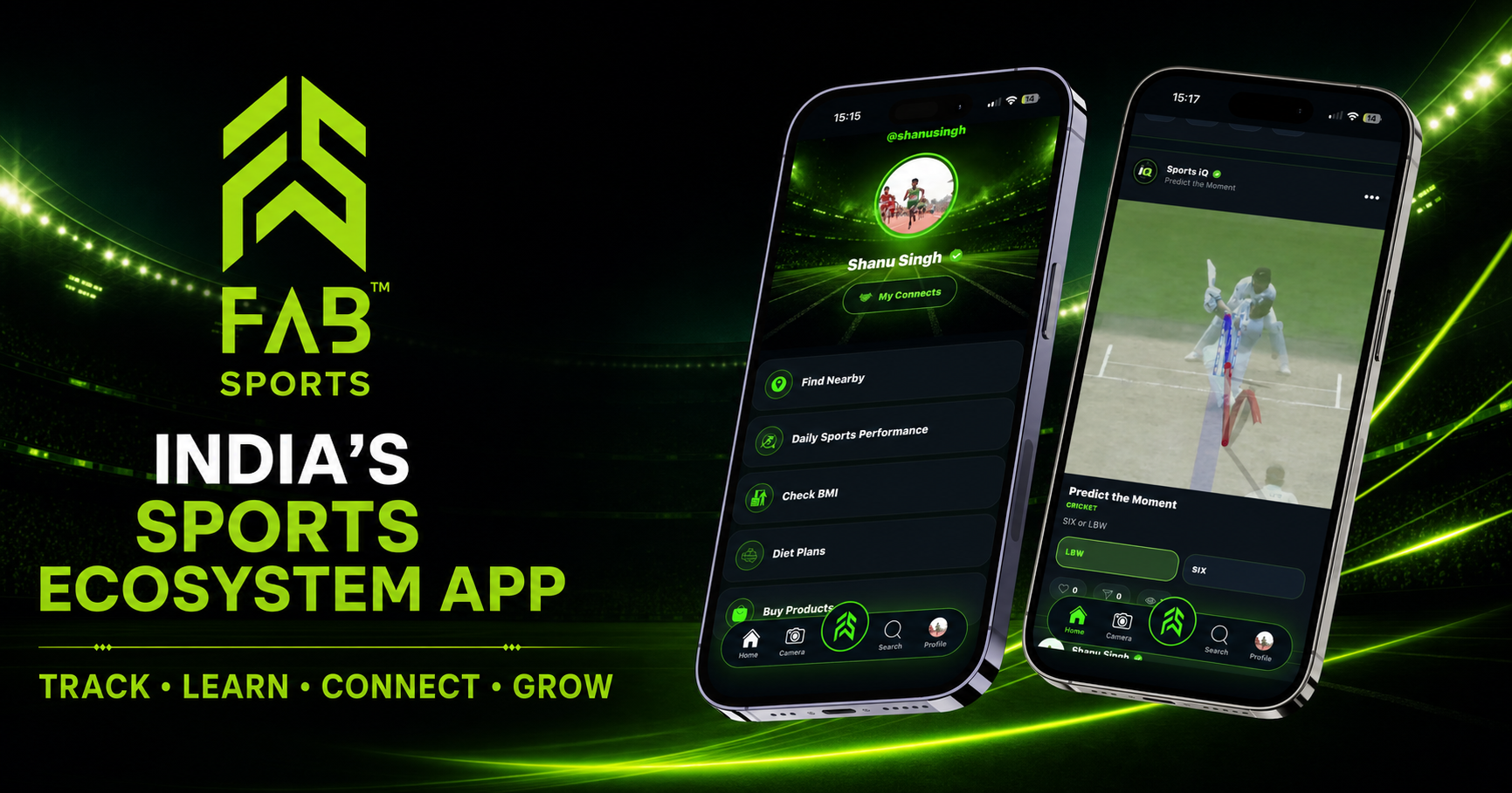 FAB SPORTS App athlete profile and Sports IQ screens
