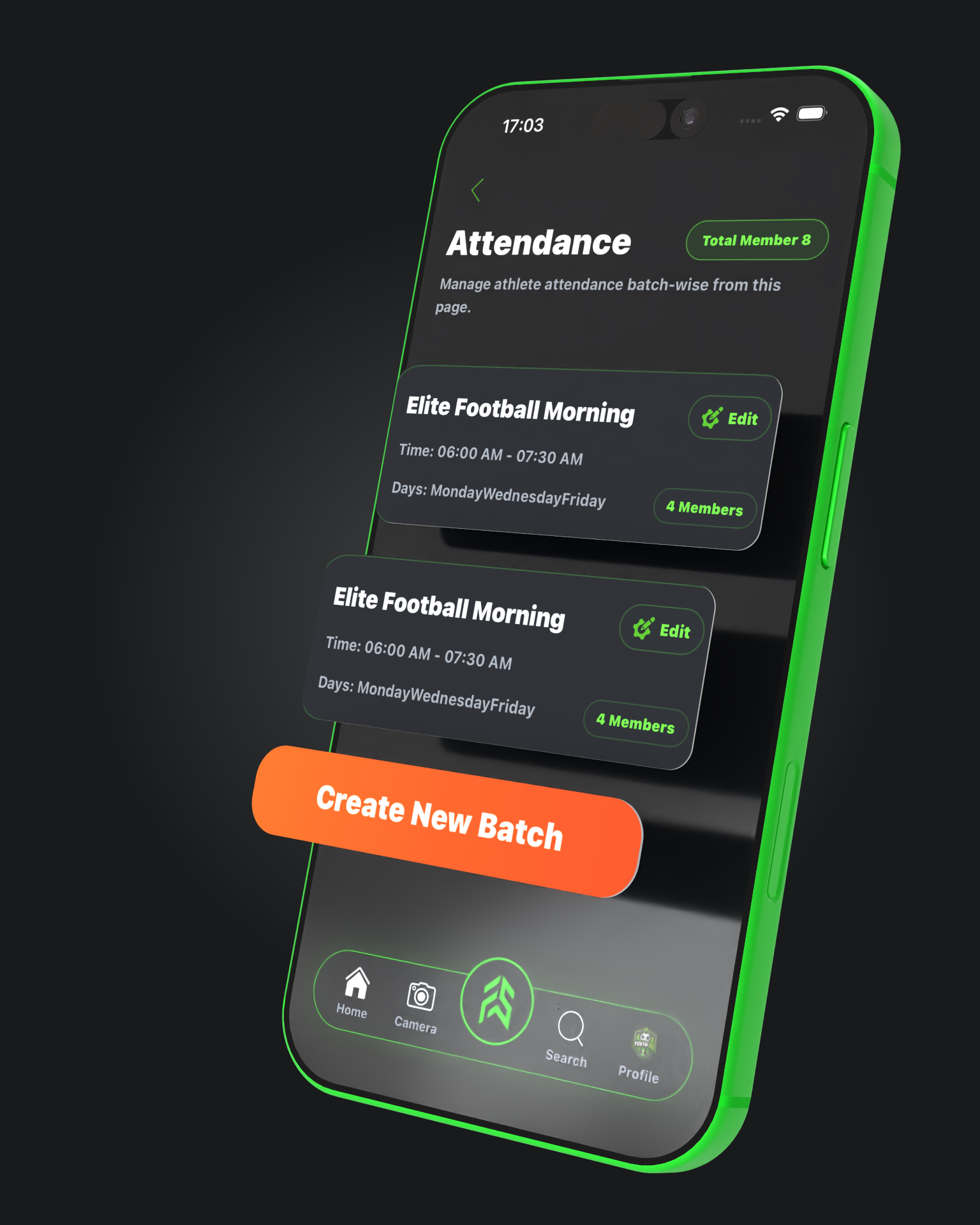 FAB SPORTS academy attendance screen showing scheduled training sessions and athlete attendance controls