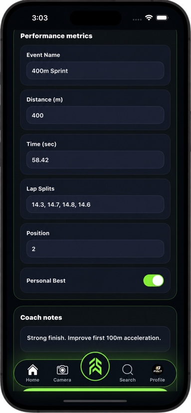 FAB SPORTS performance entry screen with fields for event, distance, time, lap splits, position and coach notes